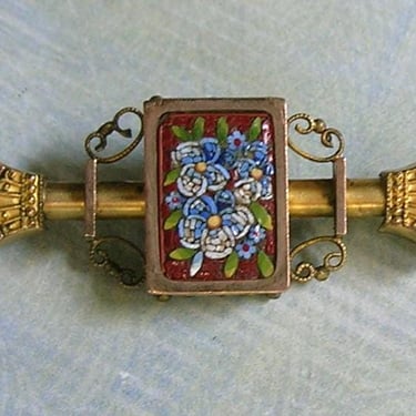 Antique Victorian Gold Filled Italian Micro Mosaic Brooch Pin, Micro Mosaic Pin, Old Victorian Micro Mosaic Bar Pin (#4498) 