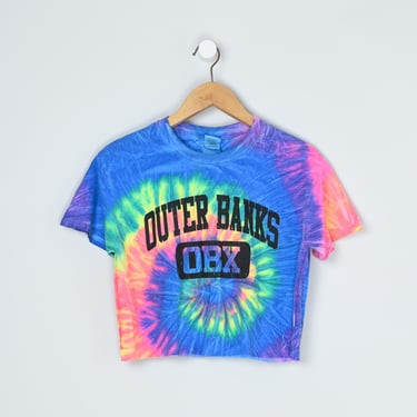 Vintage Y2k Outer Banks Neon Rainbow Tie-Dye Cropped T-Shirt - 2000s clothes, surfer, summer, vacation - Women's S 