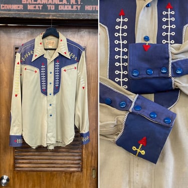 Vintage 1940’s Rare Style Western Cowboy Gabardine Embroidery Rockabilly Shirt, 40’s Football Stitch, Vintage Clothing 
