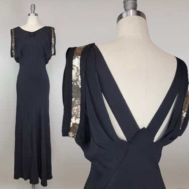 1940s Bias Cut Gown / 1940s Evening Dress / Old Hollywood / Gelatin Sequins / Low Back Dress  / Size Small Medium 