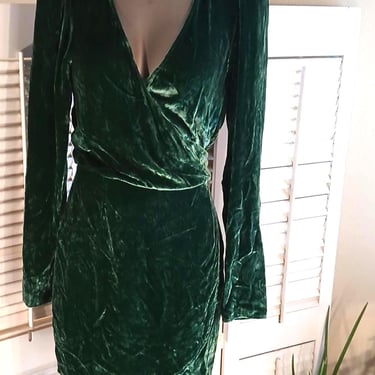 Vintage 70s Look Green Velvet Mini Dress / Wrap Dress / Rayon n Silk / USA Made  S/M 