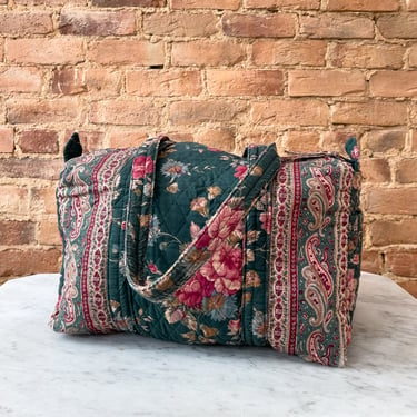 Vera Bradley Greenbriar duffel bag 80s vintage cottagecore dark green pink floral quilted travel bag 