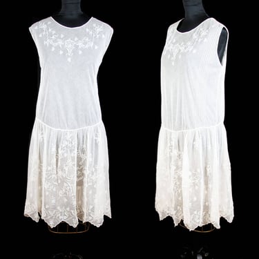 Vintage 1920s Dress ~ Embroidered White Lace Net Tulle Drop Waist Flapper Possible Wedding Dress 