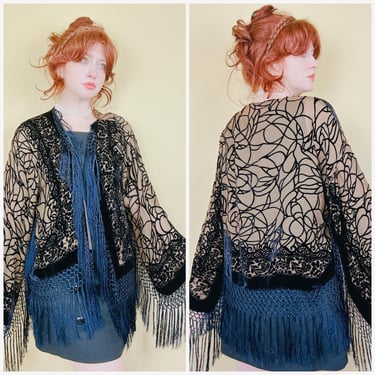 1990s Vintage Rayon Burnout Velvet Jacket / 90s Silk Fringe Trim Piano Shawl Coat / On Size 