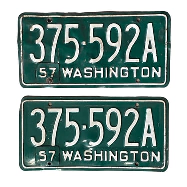 Vintage 1954/57 Washington License Plates (2) Pair w/Metal Tabs, Collectible Mid-Century 12 x 6 Shortie Plates for Display, Man Cave Decor 