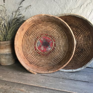 French Rustic Bread Basket, Coiled Rye Serving Basket, Large Hand Woven Wicker Basket, French Farmhouse, Sold by Each, 2 Available 