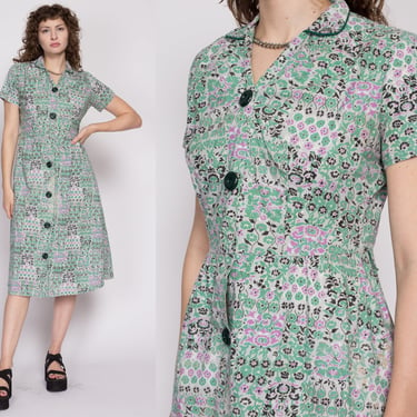 Medium 1950s Green & Purple Floral Midi Shirtdress As Is | Retro Vintage 50s Button Front Short Sleeve Day Dress 