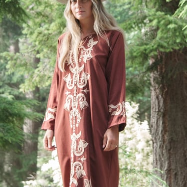 70s Embroidered Caftan Dress | Boho Hippie Brown + Gold Maxi Dress | Ethnic Bohemian Festival Dress 