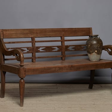 19th Century Dutch Colonial Small Teak Bench with Turned Legs from Jakarta