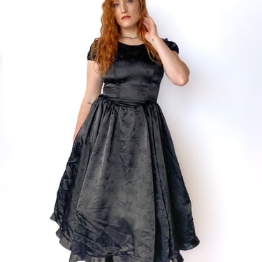 1980s Black Satin Princess Seam Dress sz. S/M