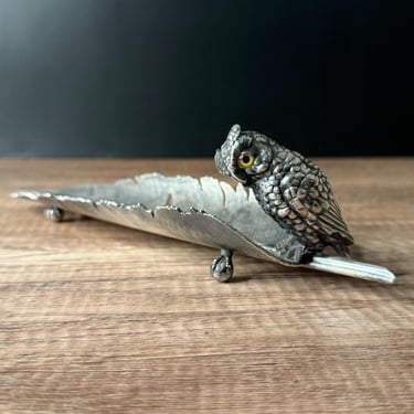 Zinc Alloy Owl and Feather 1880s Pen Holder - Antique Desk Decor - Vintage Writing Accessory 