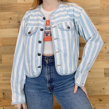 Vintage Pinstriped White and Blue Lightweight Denim Jacket Top 