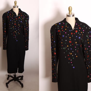 1980s Multi-Colored Rainbow Gemstone Bedazzled Black Knit Long Sleeve Christmas Dress by Pia Rucci -L 