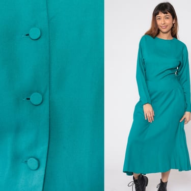 Teal Green Dress 90s Button Back Batwing Sleeve Ankle Dress Long Sleeve Day Dress Simple Basic Plain Minimalist Vintage 1990s Small S 