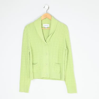 Vintage 90s Bloomingdale's Light Green Cable Knit Shawl-Collar Cardigan - nineties, preppy, sweater, knit, pastel - Women's L 