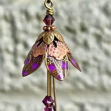 Hand Made Floral Dangle Earrings Copper Enamel Cloisonne Amethyst 