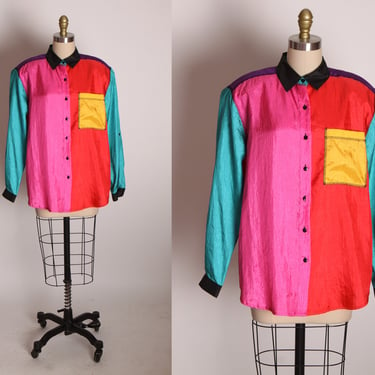1980s Multi-Colored Color Block Long Sleeve Button Up Blouse by Laura and Jayne -M 