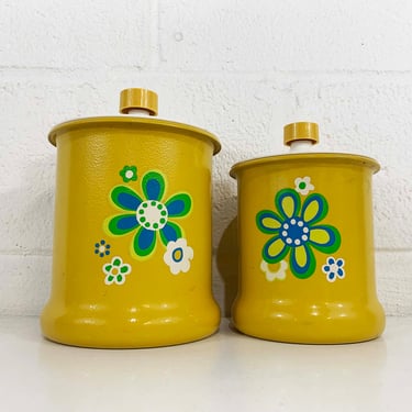 Vintage Flower Power Aluminum Canisters Yellow Sugar Flour Plastic Lid Metal Jar Retro Kitchen Floral Kromex Canister Set 1960s 