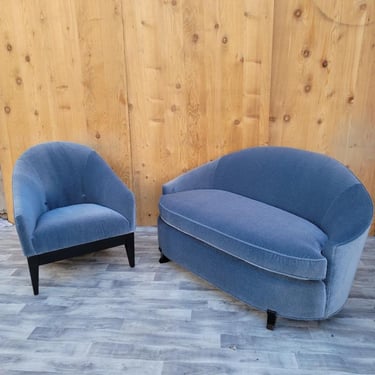 Vintage Modern Deco Curved Settee and Barrel Back Lounge Chair by Interior Crafts Newly Upholstered in a Plush 