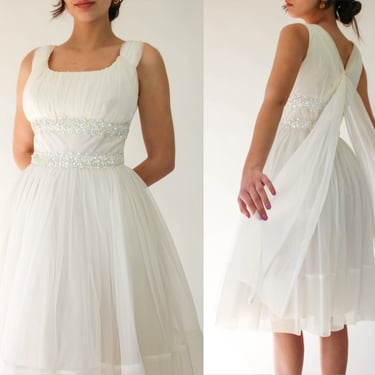 Vintage 50s White Pleated Empire Waist Party Mini Dress w/ Sequined Waist | Tulle Skirt, Sash Shoulders | 1950s Handmade White Prom Dress 