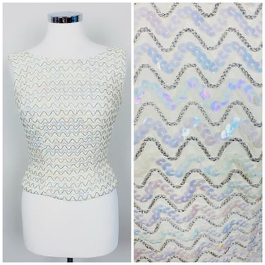 1960s Vintage Stephen O'grady Cream Sequin Tank / / 60s / Sixties Sequined Squiggle Blouse / Size Small 