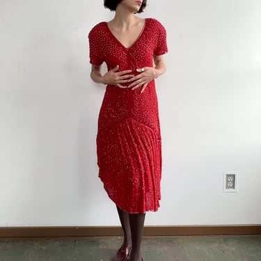 Vintage Cherry Silk Beaded Dress (M/L)