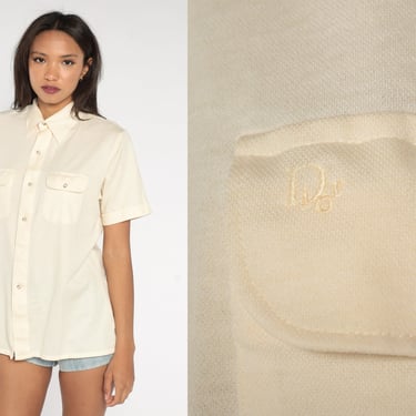 Vintage Christian Dior Shirt 90s Button Up Shirt Cream Christian Dior POCKET Oxford Short Sleeve Plain 1990s Men's Large l 