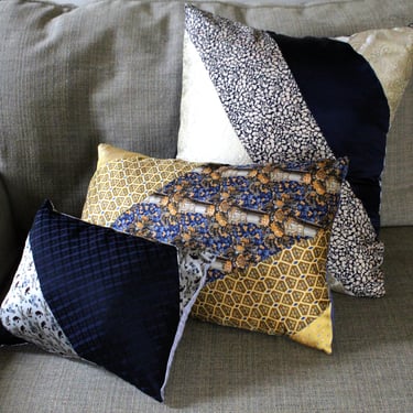 One of a Kind Necktie Pillow | Golden Floral #350 |  Gold & Blue 15"x10" Pillow Made from Up-Cycled Silk Ties - Includes Pillow Filling 