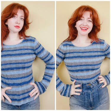 Y2K Frenchi Blue Acrylic Striped Sweater / Vintage Ribbed Flare Sleeve Knit Top / Size Small 