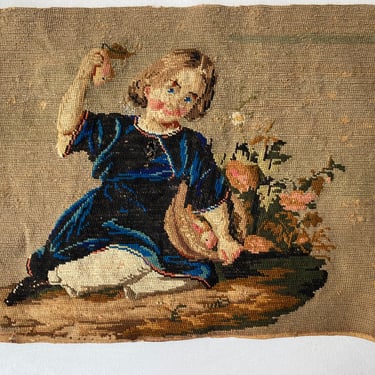 Antique Girl Petitpoint/Needlepoint, Hand Stitched, Victorian Little Girl With Pears, Girl Picking Pears, Tapestry 