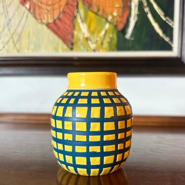 Vintage BITOSSI Yellow & Blue  Vase with Block Motif 1960s by Aldo Londi Italian Pottery 