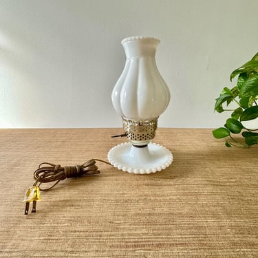 Vintage White Milk Glass Ribbed Lamp - Beaded Base & Shade - Hurricane Style 