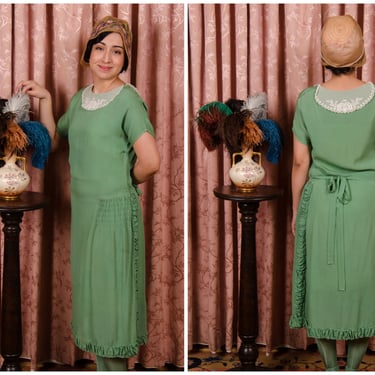 1920s Dress - Lovely Fern Green Silk Vintage 20s Day Dress with Ruched Details and Lace Collar 