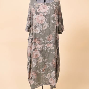 Italian-made Short Sleeve Green Floral Linen Dress, XXL