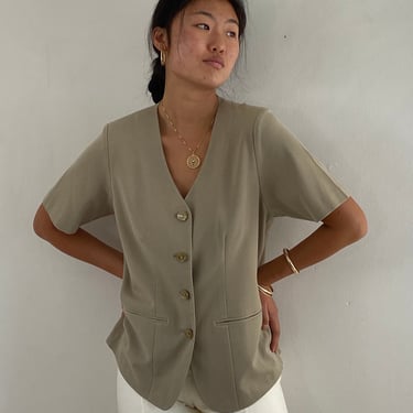 90s gabardine blazer / vintage beige khaki gabardine short sleeve collarless V neck blazer | Large 