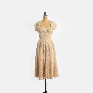 50s nude lace dress | 1950s Lorrie Deb floral lace 2pc dress 