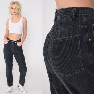 Black Corduroy Pants 90s Tapered Trousers High Waisted Rise Mom Pants Basic Plain Simple Vintage 1990s Small 5/6 Long 