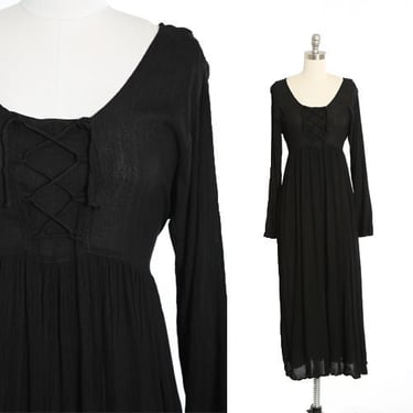 Vintage 90s black rayon lace up jumper maxi dress 