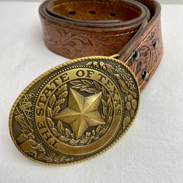 Tooled leather Western belt~ large Texas brass buckle cowboy style lone star state emblem snap on/off buckle size XLG 