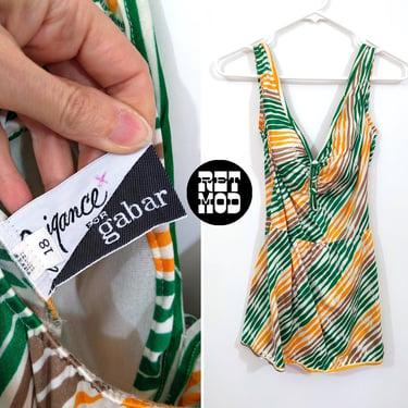 Flattering Vintage 60s 70s Green Yellow White Tan Stripe One-Piece Swimsuit by Gabar 