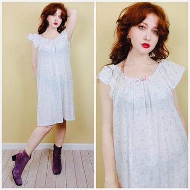 1970s Vintage Nice N Easy Sheer Floral Nightgown / 70s Sweet Flutter Sleeve Dress / One Size 