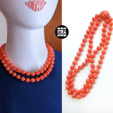 Fun Vintage 60s 70s Orange Double Strand Beaded Necklace 
