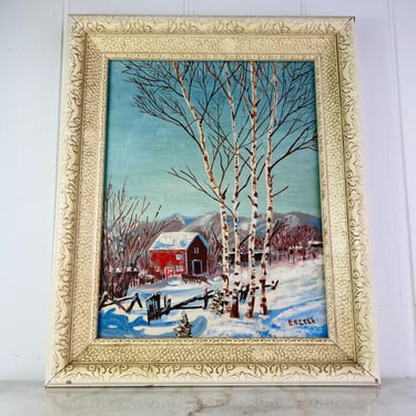 Vintage Original Canadian Art, Framed, Winter Landscape Farmhouse Red Barn, Stand of White Birches, Carved Wood Frame White and Gold, gift 
