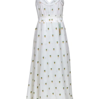 Farm - White Linen Blend Wrap Sleeveless Maxi Dress Embroidered w/ Pineapples Sz L