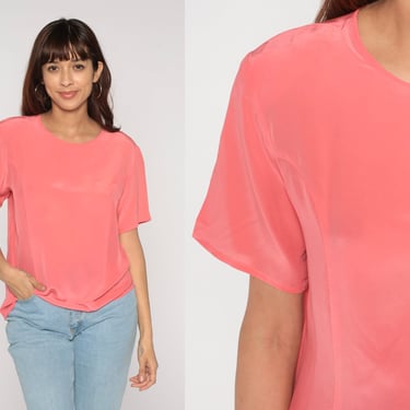 Pink Silk Shirt Y2K Semi-Sheer Blouse Simple Short Sleeve Shirt Sleeve Basic Plain Solid Minimalist Top Retro Casual Vintage 00s Medium M 