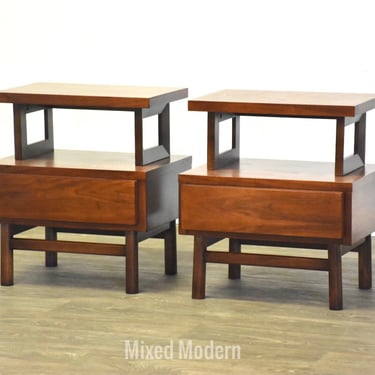 American of Martinsville Walnut Two Tiered Nightstands- a Pair 