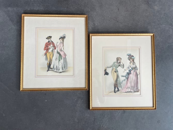 Pair of antique art prints of Bridgerton style couples