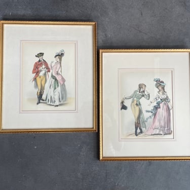 Pair of antique art prints of Bridgerton style couples