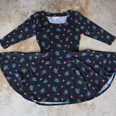 90s Black Floral Skater Dress Mini Babydoll Size M 
