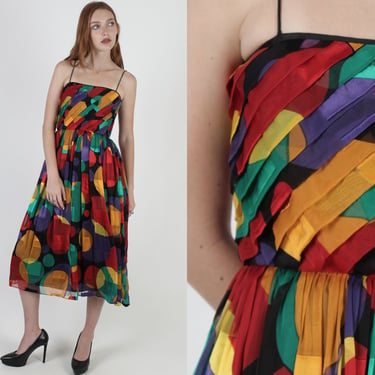 Silk Albert Nipon Dress / Vintage 80s Colorful Rainbow Dress / Bold Colorblock Party Midi Mini Dress 